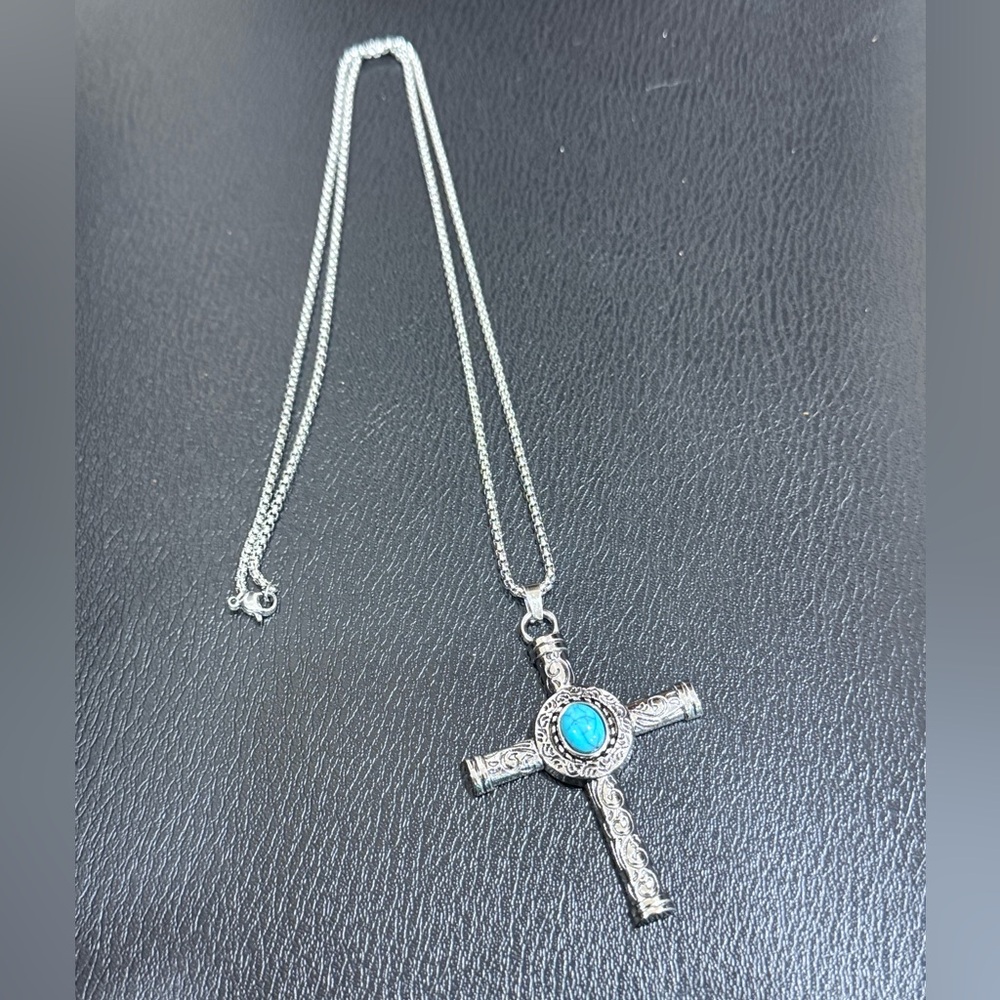 Silver Cross Pendant Necklace with Turquoise Accent